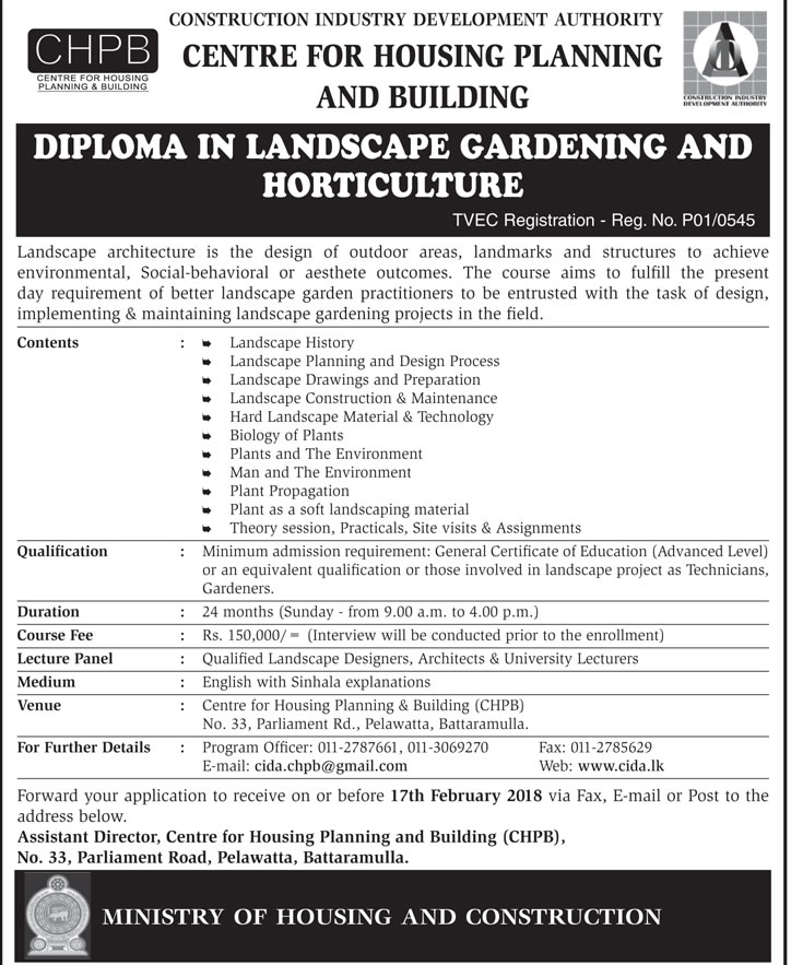 Diploma in Landscape Gardening & Horticulture - Centre for Housing Planning & Building 